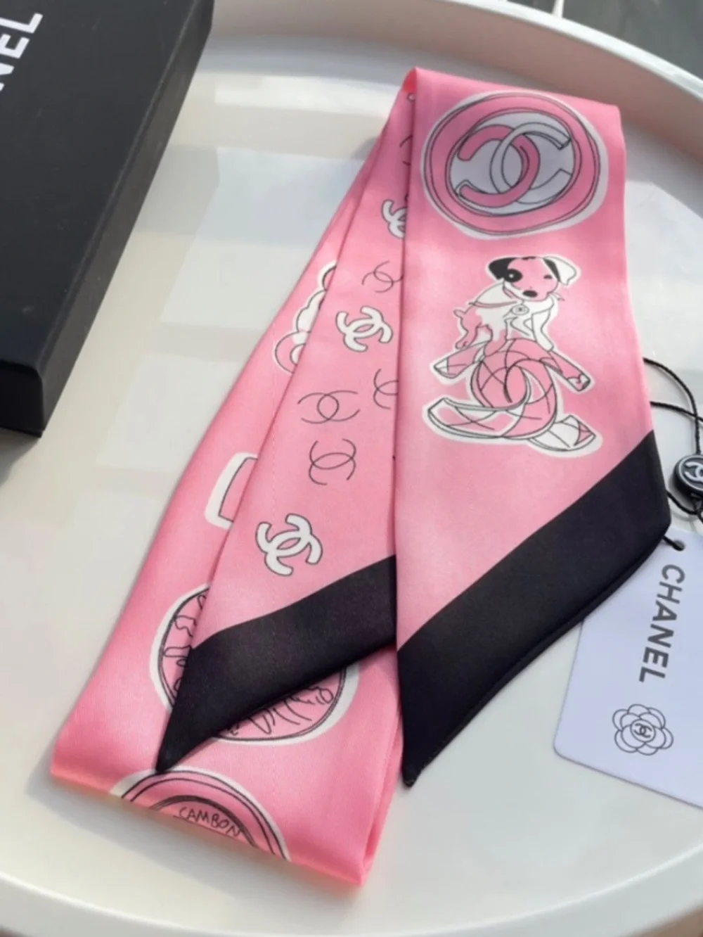 Double C Designer Pink Black Letter Logo Dog Twilly Silk Scarf